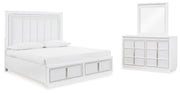 Ashley Furniture Chalanna bedroom set with a bed frame, nightstands, and dresser in a modern design, shown in a well-lit bedroom setting.