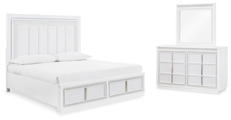 Ashley Furniture Chalanna bedroom set with a bed frame, nightstands, and dresser in a modern design, shown in a well-lit bedroom setting.