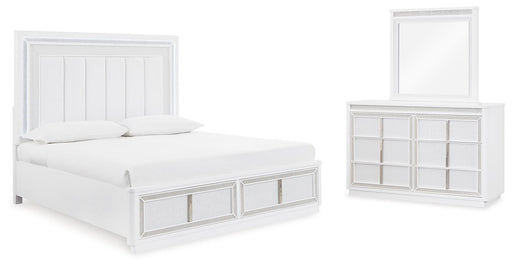 Ashley Furniture Chalanna bedroom set with a bed frame, nightstands, and dresser in a modern design, shown in a well-lit bedroom setting.