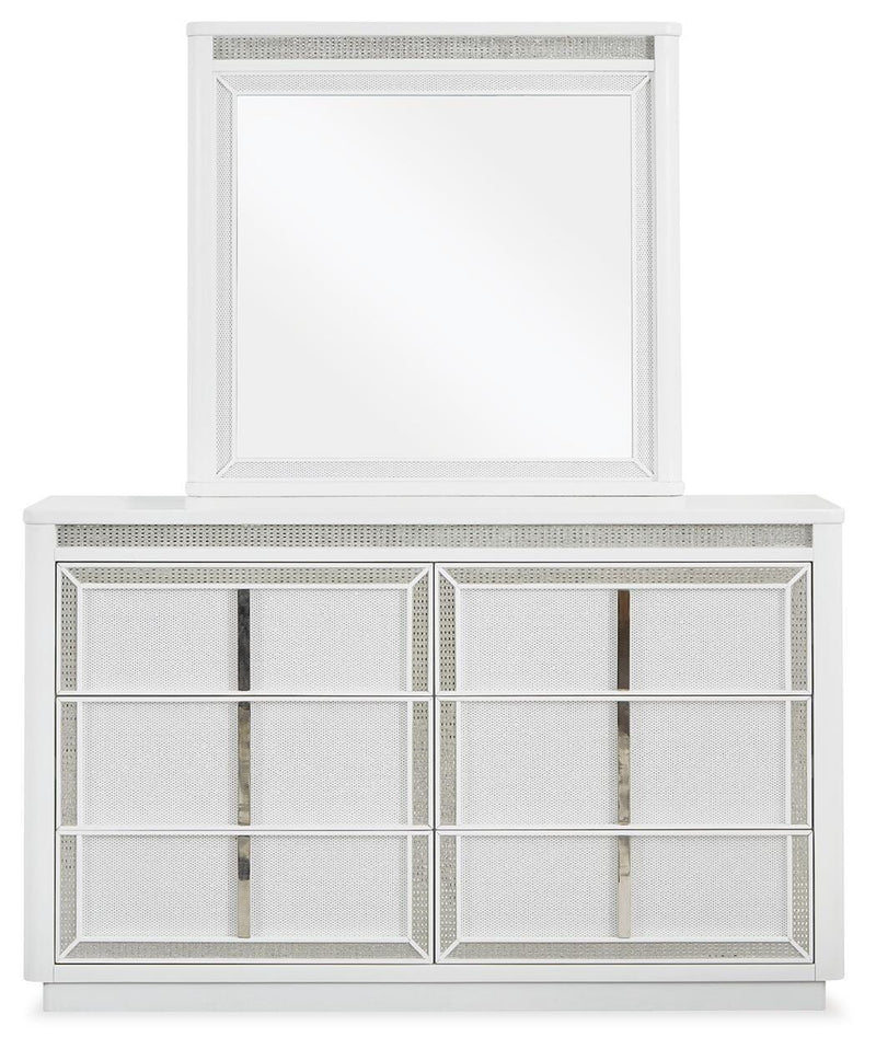 Ashley Furniture Chalanna bedroom set with a headboard, nightstand, and dresser in a modern bedroom design.