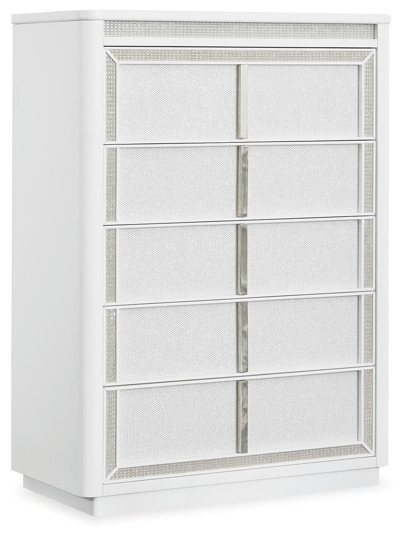 Ashley Furniture Chalanna chest of drawers, angled view showing sleek wooden finish and multiple storage drawers.