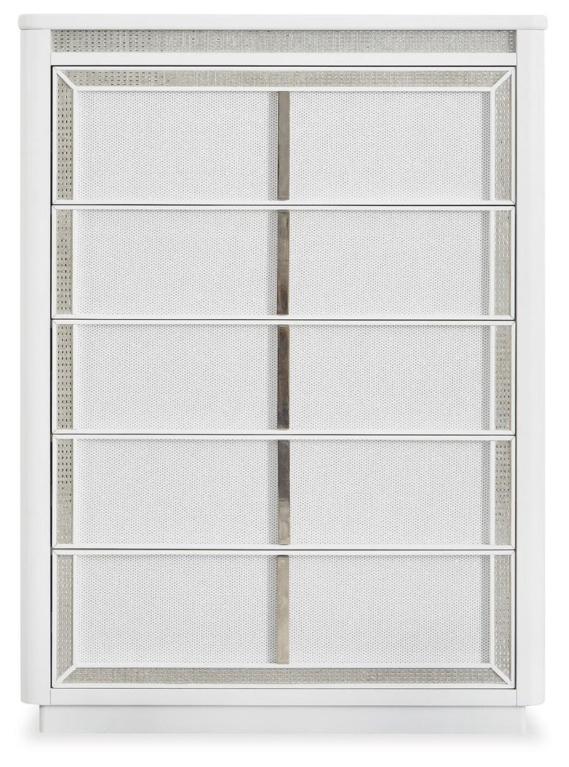 Ashley Furniture Chalanna Chest of Drawers showing a sleek wood finish with multiple drawers and modern hardware.