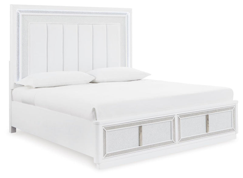 Ashley Furniture Chalanna upholstered storage bed with a padded headboard and built-in storage drawers, shown at an angle.
