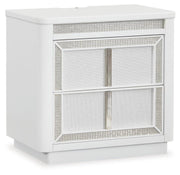 Ashley Furniture Chalanna bedroom set with a modern bed frame, nightstands, and matching dresser in a stylish bedroom scene.