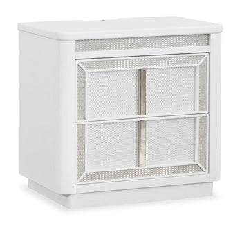 Ashley Furniture Chalanna bedroom set with a bed, matching nightstands, and dresser, shown from an angled view in a modern bedroom setting.