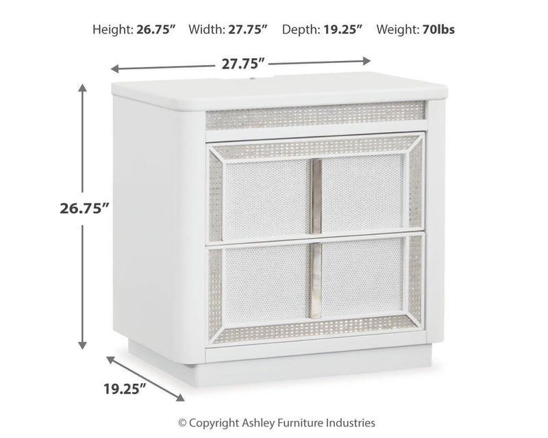 Ashley Furniture Chalanna bedroom set with a bed, matching nightstands, and dresser in a modern bedroom scene.