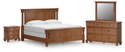 Ashley Furniture Rowlenstown bedroom set includes a bed frame, nightstands, and dresser in a modern design with a dark finish.