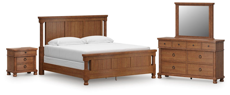 Ashley Furniture Rowlenstown bedroom set includes a bed frame, nightstands, and dresser in a modern design with a dark finish.