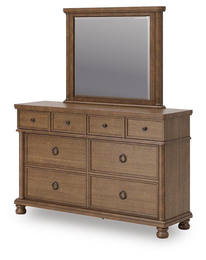 Ashley Furniture Rowlenstown bedroom set with a bed, dresser, and nightstands arranged in a modern bedroom scene.