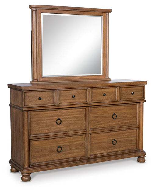 Ashley Furniture Chadworth dresser with matching mirror, showcasing a stylish wooden storage unit and spacious top surface.