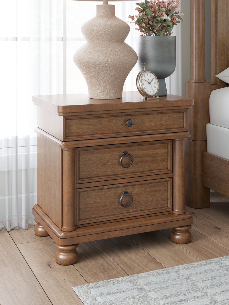 Ashley Furniture Chadworth nightstand with a dark wood finish, featuring a single drawer and open shelf for bedroom storage.