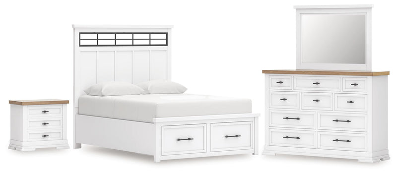 Ashley Furniture Ashbryn bedroom set with wood dresser, mirror, nightstands, and bed frame in a cozy bedroom scene.