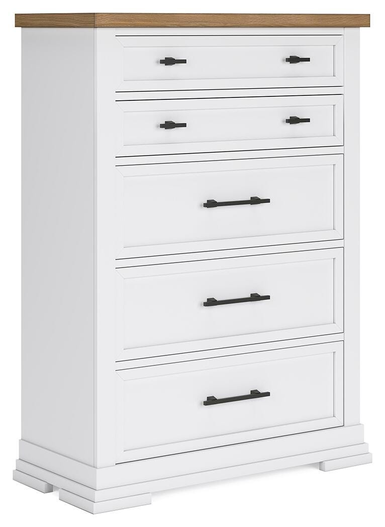 Ashley Furniture Ashbryn chest of drawers shown from an angled side view, featuring a modern wooden design with sleek drawer handles.