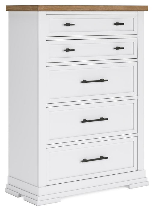 Ashley Furniture Ashbryn chest of drawers shown from an angled side view, featuring a modern wooden design with sleek drawer handles.