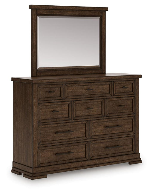 Ashley Furniture Taffenbrook dresser with matching mirror, featuring a dark wood finish and modern design, shown from an angled side view.