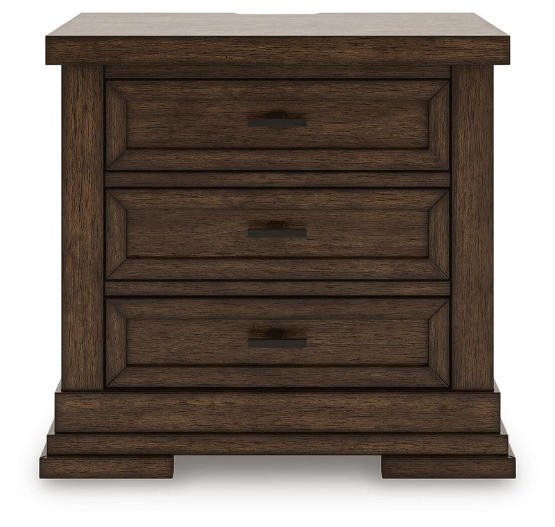 Ashley Furniture Taffenbrook nightstand with a dark wood finish, featuring a single drawer and a spacious top surface.