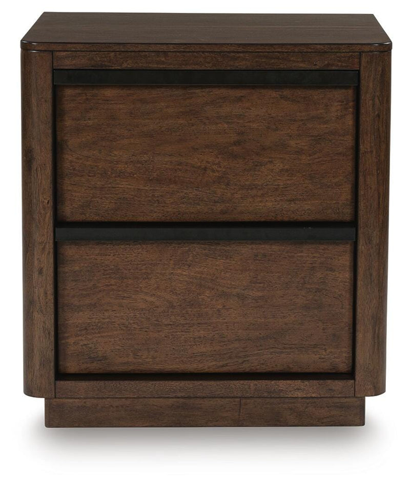 Ashley Furniture Dilenno bedroom set featuring a modern bed frame with a headboard, nightstands, and matching dresser in a stylish bedroom.