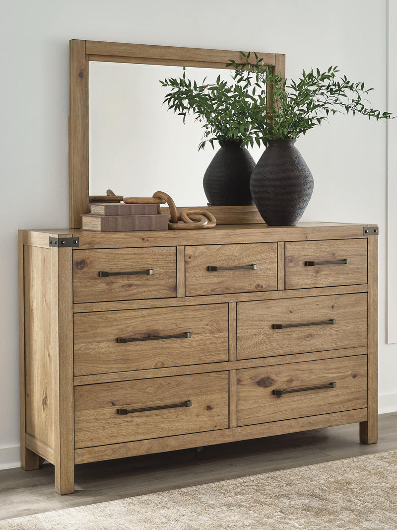 Ashley Furniture Ridgester dresser and mirror set with a wooden dresser and matching mirror, showcasing a modern bedroom design.