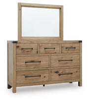 Ashley Furniture Ridgester dresser and mirror set with a sleek wood finish, showcasing the dresser and attached mirror from a side angle.