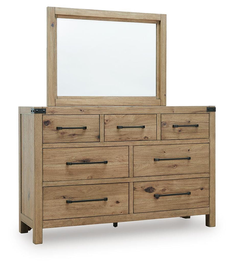 Ashley Furniture Ridgester dresser and mirror set with a sleek wood finish, showcasing the dresser and attached mirror from a side angle.