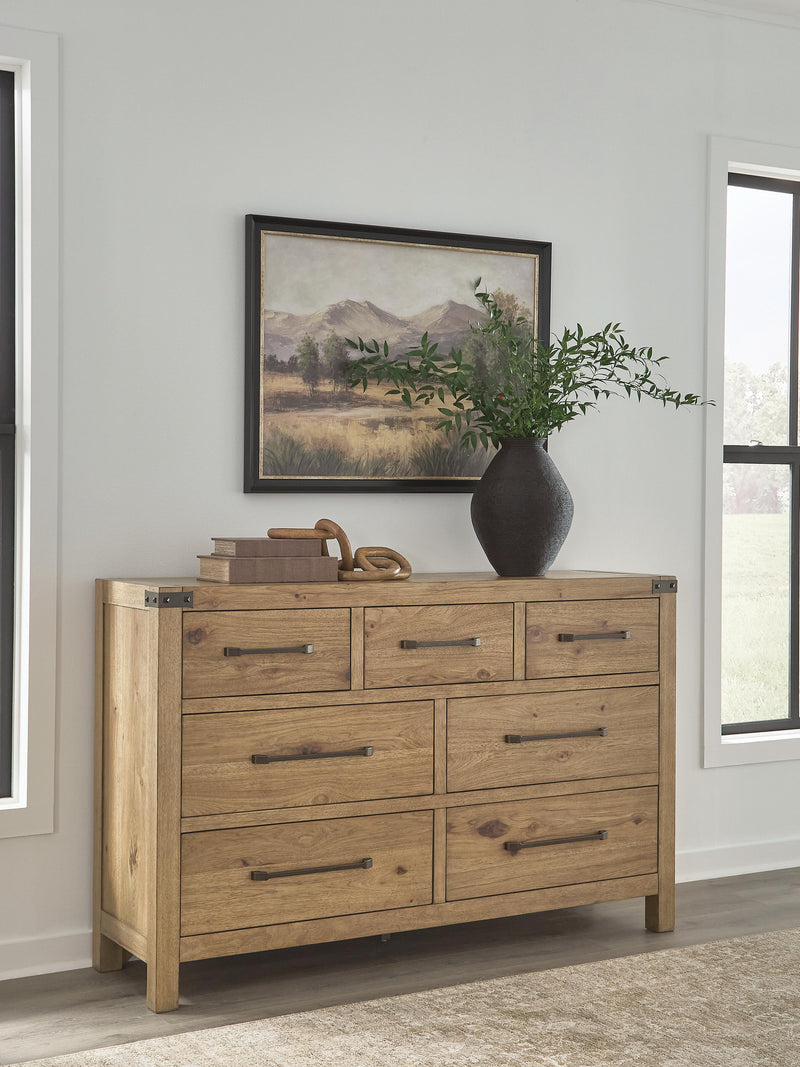 Ashley Furniture Ridgester dresser and mirror set, featuring a wooden dresser with a matching mirror and modern hardware design.