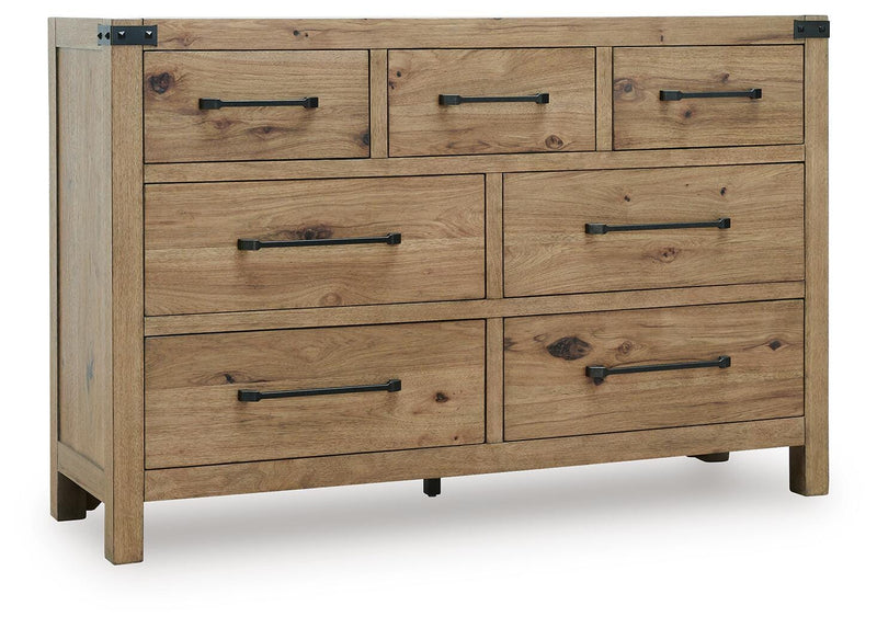 Ashley Furniture Ridgester dresser with mirror, featuring a wooden finish and classic design, viewed from an angled closed perspective.