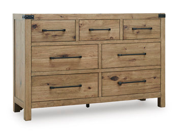 Ashley Furniture Ridgester dresser and mirror set, featuring a wooden dresser with a matching mirror, shown from an angled side view.