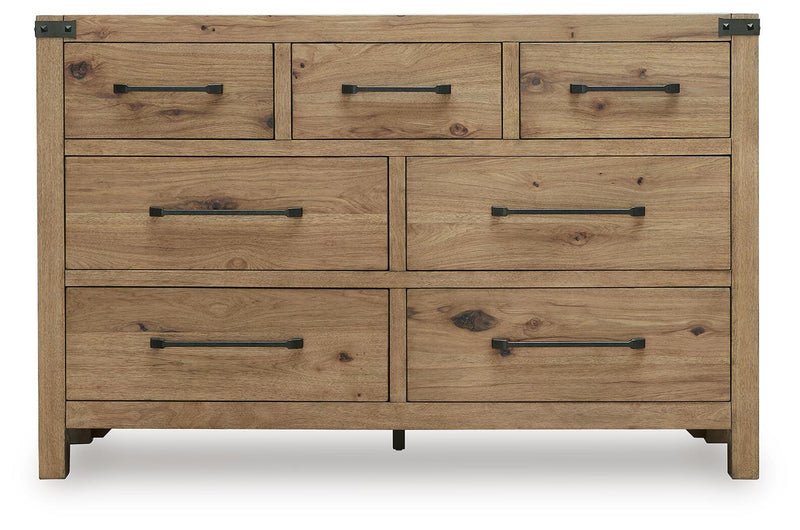 Ashley Furniture Ridgester dresser and mirror set, showing a wooden dresser with a matching mirror in a modern bedroom setting.