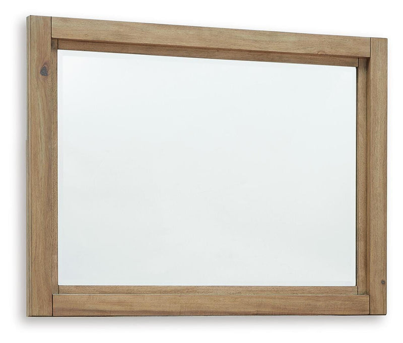 Ashley Furniture Ridgester dresser with mirror, angled view showcasing wood finish and modern design.