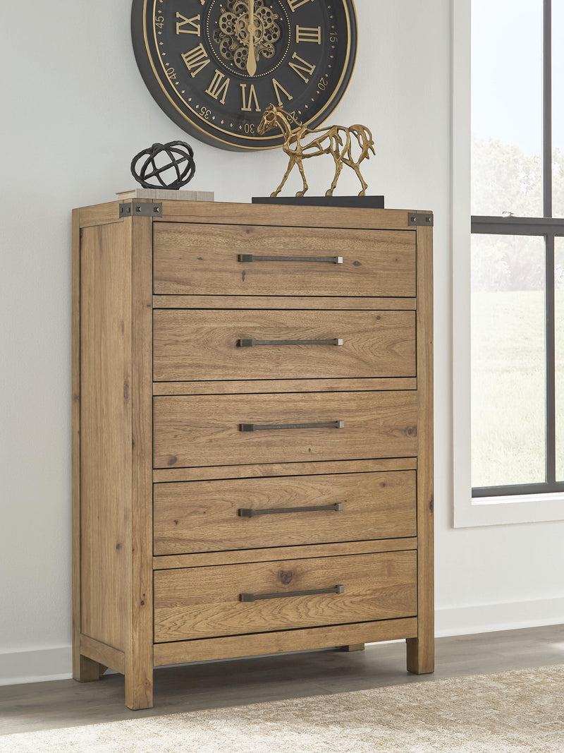 Ashley Furniture Ridgester chest of drawers, modern wooden storage unit with multiple drawers, dark finish, and sleek design.