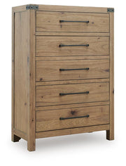Ashley Furniture Ridgester chest of drawers shown from an angled closed view with wood finish and multiple drawers.