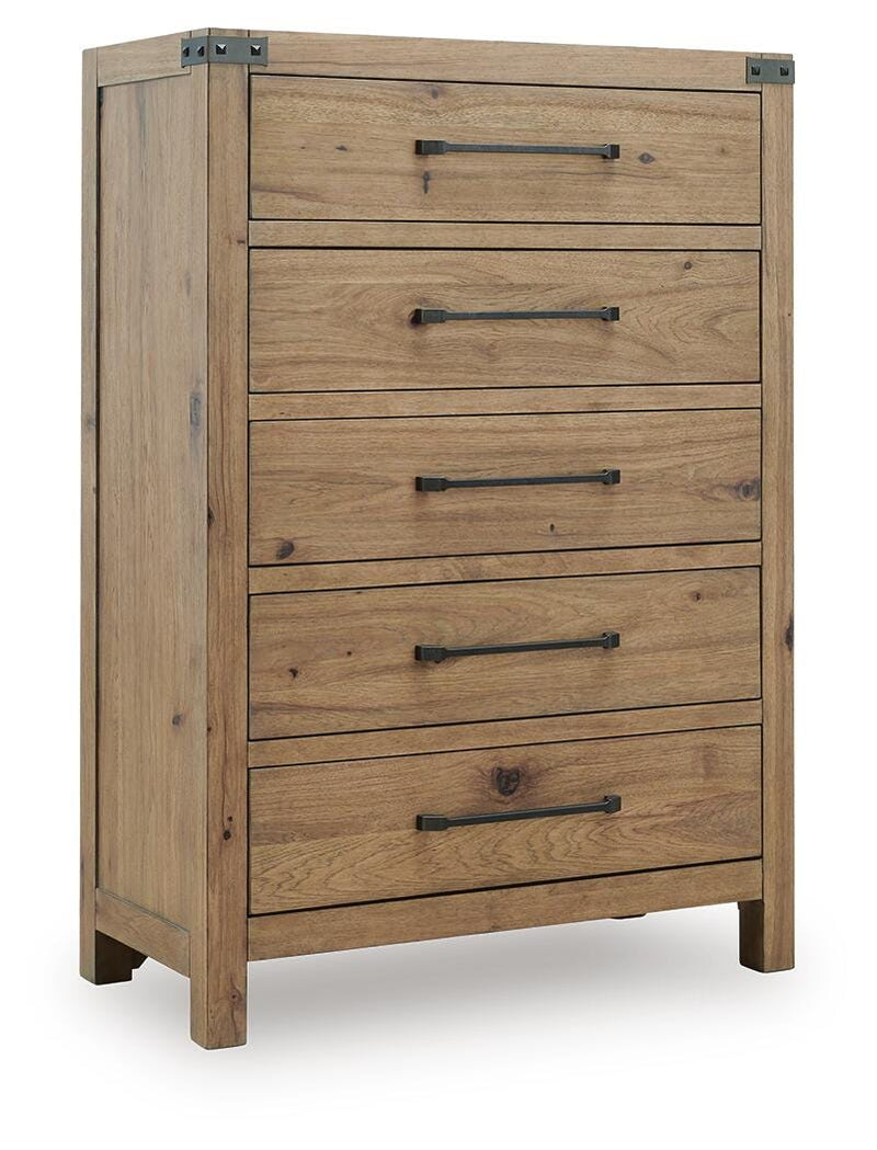 Ashley Furniture Ridgester chest of drawers shown from an angled closed view with wood finish and multiple drawers.