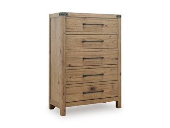 Ashley Furniture Ridgester chest of drawers with six spacious drawers and angled closed design in warm wood finish.