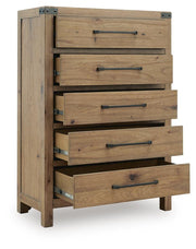 Ashley Furniture Ridgester chest of drawers with open top drawer, showcasing wooden finish and spacious storage compartments.