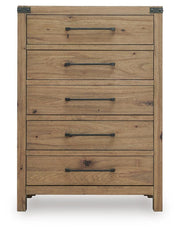 Ashley Furniture Ridgester chest of drawers with six spacious wood drawers and modern design, shown in a head-on view.