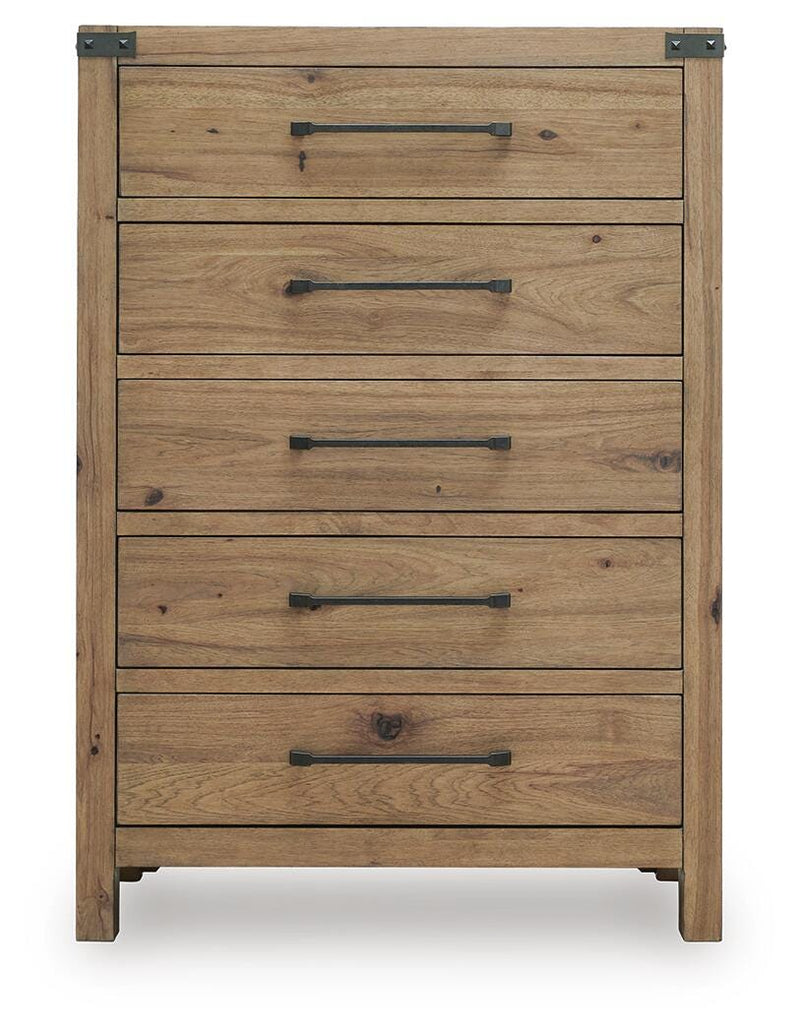 Ashley Furniture Ridgester chest of drawers with six spacious wood drawers and modern design, shown in a head-on view.