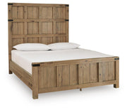 Ashley Furniture Ridgester bed with a sleek, modern design and dark wood finish, shown from an angled perspective.
