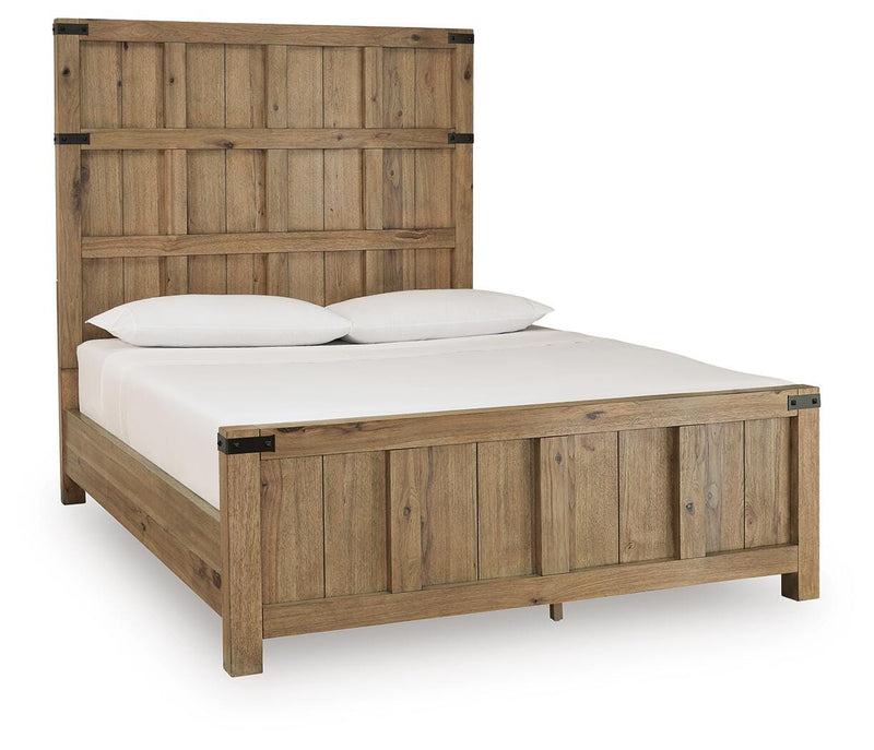 Ashley Furniture Ridgester bed with a sleek, modern design and dark wood finish, shown from an angled perspective.