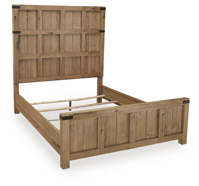 Ashley Furniture Ridgester Bed with a stylish upholstered headboard and wood frame, shown from an angled side view.