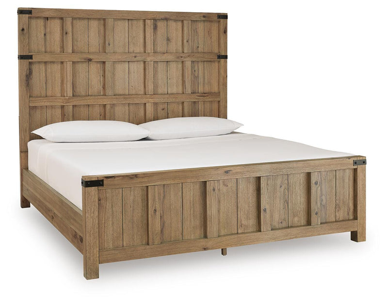 Ashley Furniture Ridgester bed with a modern design, featuring a wooden frame and upholstered headboard, shown from an angled side view.