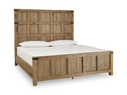 Ashley Furniture Ridgester Bed with a sleek wooden frame and neutral-toned bedding, viewed from an angle.