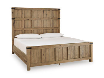 Ashley Furniture Ridgester Bed with a sleek wooden frame and neutral-toned bedding, viewed from an angle.