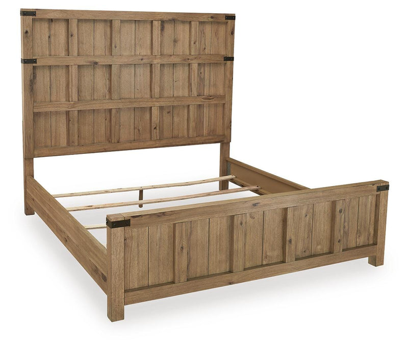 Ashley Furniture Ridgester Bed with a modern design, showcasing a wooden frame and clean lines in a bedroom setting.