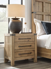 Ashley Furniture Ridgester nightstand with wood finish, featuring a drawer and open shelf for bedroom storage.