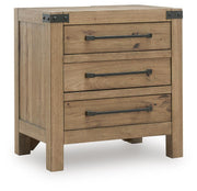 Ashley Furniture Ridgester nightstand with closed drawer and wood finish, shown from an angled side view.