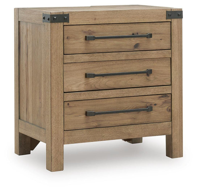 Ashley Furniture Ridgester nightstand with closed drawer and wood finish, shown from an angled side view.