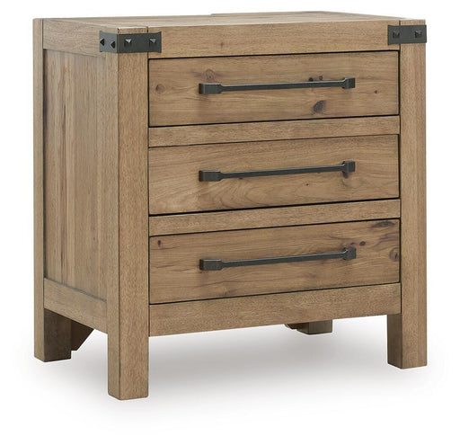 Ashley Furniture Ridgester nightstand with closed drawer and wood finish, shown from an angled side view.