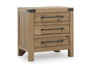 Ashley Furniture Ridgester nightstand with a closed drawer, dark wood finish, and modern design, shown from an angled view.