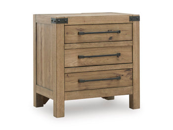 Ashley Furniture Ridgester nightstand with a closed drawer, dark wood finish, and modern design, shown from an angled view.