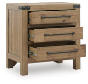 Ashley Furniture Ridgester nightstand with open drawer and wooden finish, showcasing its stylish and functional design.